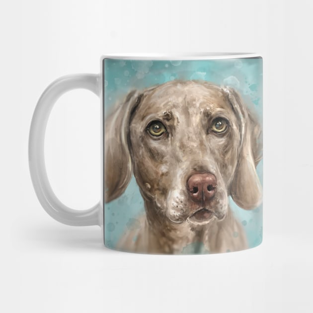 Painting of a n Adorable Grey Brown Weimaraner Dog on Blue Background by ibadishi